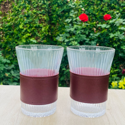 Elegant Ribbed Glass Tumblers with Leather Wrap – Set of 2