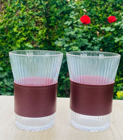 Elegant Ribbed Glass Tumblers with Leather Wrap – Set of 2