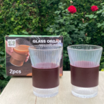 Elegant Ribbed Glass Tumblers with Leather Wrap – Set of 2 v3