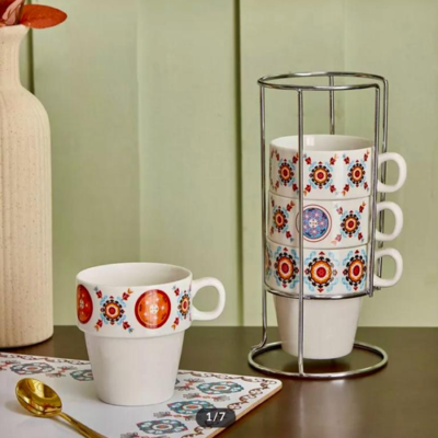 Majestic Mosaic Mug Set with Metal Stand – 4 Piece
