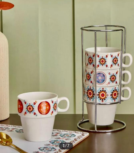 Majestic Mosaic Mug Set with Metal Stand – 4 Piece