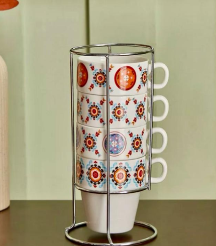 Majestic Mosaic Mug Set with Metal Stand – 4 Piece v6