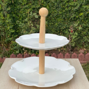 Porcelain Pastry Stand With Wooden Knob 2 Tier
