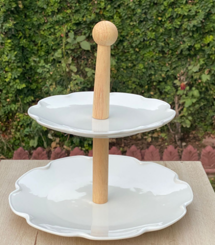 Porcelain Pastry Stand With Wooden Knob 2 Tier