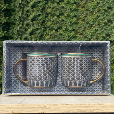 Elegant Geometric Ceramic Mugs – Set of 2 with Gold Handles v3