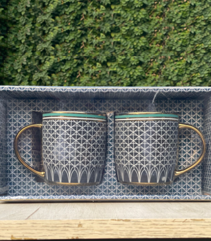 Elegant Geometric Ceramic Mugs – Set of 2 with Gold Handles v3