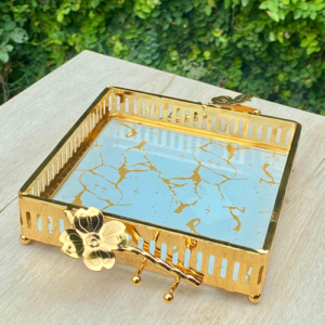 Golden Metal Decor Tray With Marble Glass Base v2
